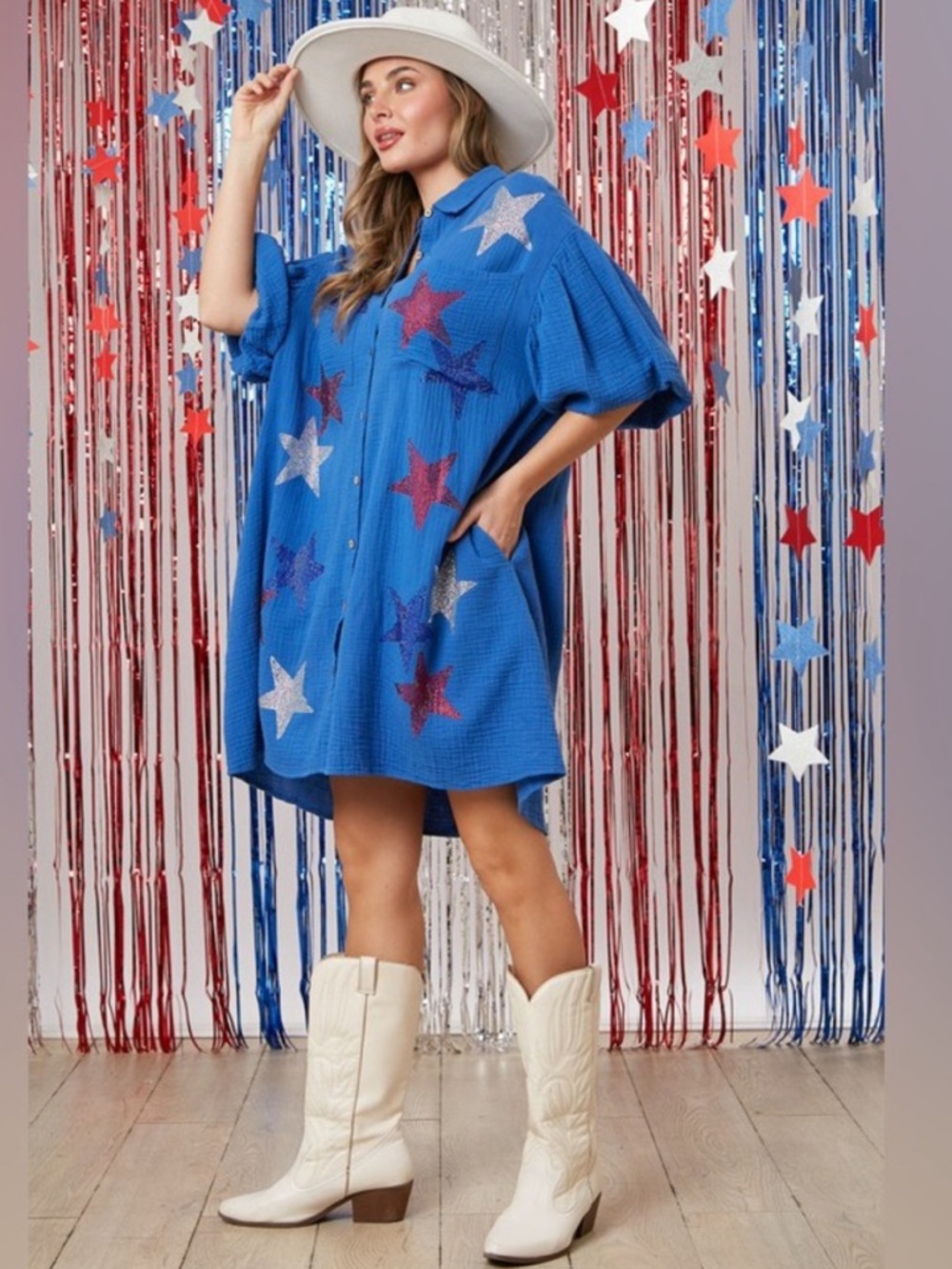 Peach Love California | Rhinestone Star Gauze Dress in Blue | Medium
